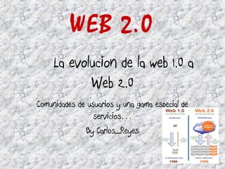 WEB 2.0
La evolucion de la web 1.0 a
Web 2.0
Comunidades de usuarios y una gama especial de
servicios…
By Carlos_Reyes
 