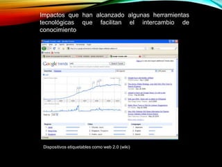 Impactos que han alcanzado algunas herramientas
tecnológicas que facilitan el intercambio de
conocimiento
Dispositivos etiquetables como web 2.0 (wiki)
 