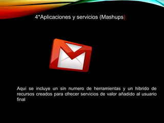 Aquí se incluye un sin numero de herramientas y un hibrido de
recursos creados para ofrecer servicios de valor añadido al usuario
final
4*Aplicaciones y servicios (Mashups)
 