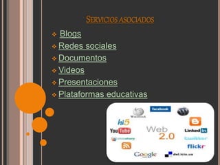 SERVICIOS ASOCIADOS
Blogs
Redes sociales
Documentos
Videos
Presentaciones
Plataformas educativas
