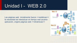Unidad I - WEB 2.0 
Las páginas web inicialmente fueron <<estáticas>> 
la necesidad de interactuar en tiempo real usuario-aplicación, 
originó páginas web <<dinámicas>> 
 