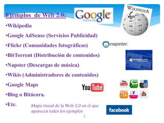 Ejemplos de Web 2.0: 
•Wikipedia 
•Google AdSense (Servicios Publicidad) 
•Flickr (Comunidades fotográficas) 
•BitTorrent (Distribución de contenidos) 
•Napster (Descargas de música) 
•Wikis (Administradores de contenidos) 
•Google Maps 
•Blog o Bitácora. 
•Etc. Mapa visual de la Web 2.0 en el que 
aparecen todos los ejemplos 
 