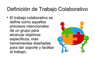 Definición de Trabajo Colaborativo

El trabajo colaborativo se
define como aquellos
procesos intencionales
de un grupo para
alcanzar objetivos
específicos, más
herramientas diseñadas
para dar soporte y facilitar
el trabajo.
 