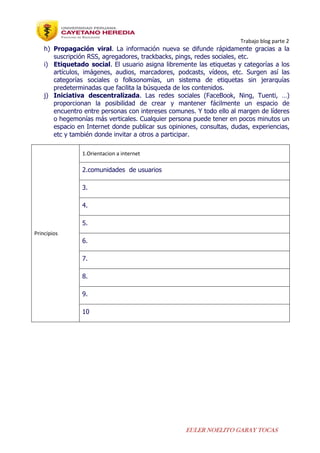 Trabajo blog parte 2
EULER NOELITO GARAY TOCAS
h) Propagación viral. La información nueva se difunde rápidamente gracias a la
suscripción RSS, agregadores, trackbacks, pings, redes sociales, etc.
i) Etiquetado social. El usuario asigna libremente las etiquetas y categorías a los
artículos, imágenes, audios, marcadores, podcasts, vídeos, etc. Surgen así las
categorías sociales o folksonomías, un sistema de etiquetas sin jerarquías
predeterminadas que facilita la búsqueda de los contenidos.
j) Iniciativa descentralizada. Las redes sociales (FaceBook, Ning, Tuenti, …)
proporcionan la posibilidad de crear y mantener fácilmente un espacio de
encuentro entre personas con intereses comunes. Y todo ello al margen de líderes
o hegemonías más verticales. Cualquier persona puede tener en pocos minutos un
espacio en Internet donde publicar sus opiniones, consultas, dudas, experiencias,
etc y también donde invitar a otros a participar.
Principios
1.Orientacion a internet
2.comunidades de usuarios
3.
4.
5.
6.
7.
8.
9.
10
 