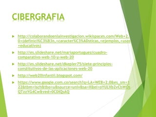CIBERGRAFIA
 http://colaborandoenlainvestigacion.wikispaces.com/Web+2.
0+(definici%C3%B3n,+caracter%C3%ADsticas,+ejemplos,+usos
+educativos)
 http://es.slideshare.net/mariaportuguez/cuadro-
comparativo-web-10-y-web-20
 http://es.slideshare.net/dkepler75/siete-principios-
constitutivos-de-las-aplicaciones-web-20
 http://web20infantil.blogspot.com/
 https://www.google.com.co/search?q=LA+WEB+2.0&es_sm=1
22&tbm=isch&tbo=u&source=univ&sa=X&ei=oYULVb2vCbWOs
QTzzYG4Cw&ved=0CDIQsAQ
 