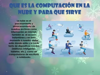 Que es la computación en la
nube y para que sirve
La nube es el
procesamiento y
almacenamiento de
nuestros archivos como
información en internet.
También es el acceso
instantáneo y en todo
momento a nuestro datos
estés donde estés y a través
tanto de dispositivos móviles
(teléfonos inteligentes,
tabletas, etc.), como de
computadoras de escritorio
o notebooks.
 