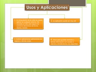 Usos y Aplicaciones
1. la computación de la nube se puede
aplicar en cualquier entorno. Se
necesita un sitio web seguro de
comercio electrónico de forma
rápida y barata
4. Sirve para guardar archivos o
demás información con acceso a
internet y brindándonos una seguridad .
2. su aplicación puede ser muy útil
3. Cubren aplicaciones aplicaciones de
negocio y demás cosas.
 