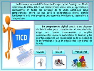 La competencia digital consiste en disponer
de habilidades para transformar el conocimiento,
exige una buena comprensión y amplios
conocimientos sobre la naturaleza, la función y las
oportunidades de las Tecnologías de la Sociedad de
la Información (TSI) en situaciones cotidianas de
la vida
Privada Social Profesional
La Recomendación del Parlamento Europeo y del Consejo del 18 de
diciembre de 2006 sobre las competencias clave para el aprendizaje
permanente en todos los estados de la unión establece ocho
competencias, entre las que está la competencia digital siendo
fundamental y la cual propone una economía inteligente, sostenible e
integradora.
 