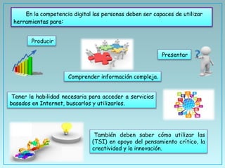 En la competencia digital las personas deben ser capaces de utilizar
herramientas para:
Producir
Presentar
Comprender información compleja.
Tener la habilidad necesaria para acceder a servicios
basados en Internet, buscarlos y utilizarlos.
También deben saber cómo utilizar las
(TSI) en apoyo del pensamiento crítico, la
creatividad y la innovación.
 