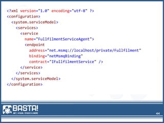 44
<?xml version="1.0" encoding="utf-8" ?>
<configuration>
<system.serviceModel>
<services>
<service
name="FullfilmentServiceAgent">
<endpoint
address="net.msmq://localhost/private/Fullfilment"
binding="netMsmqBinding"
contract="IFullfilmentService" />
</service>
</services>
</system.serviceModel>
</configuration>
 