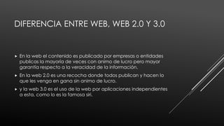 DIFERENCIA ENTRE WEB, WEB 2.0 Y 3.0
 En la web el contenido es publicado por empresas o entidades
publicas la mayoría de veces con animo de lucro pero mayor
garantía respecto a la veracidad de la información.
 En la web 2.0 es una recocha donde todos publican y hacen lo
que les venga en gana sin animo de lucro.
 y la web 3.0 es el uso de la web por aplicaciones independientes
a esta, como lo es la famosa siri.
 