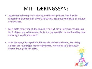 MITT LÆRINGSSYN:
• Jeg mener at læring er en aktiv og deltakende prosess. Ved å bruke
sansene våre kombinerer vi vår allerede eksisterende kunnskap til å skape
ny kunnskap.
• Med dette mener jeg at den som lærer aktivt prosesserer ny informasjon
for å tilegne seg ny kunnskap. Dette tror jeg oppstår i en samhandling med
andre og i sosiale kontekster.
• Mitt læringssyn har opphav i den sosiale konstruktivismen, der læring
handler om interaksjon med omgivelsene. Vi mennesker påvirkes av
hverandre, og alle kan bidra.
 