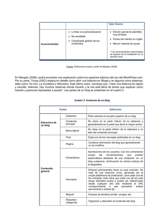 Open Source
Inconvenientes
• Límites a la personalización
• No escalable
• Complicada gestión de los
contenidos
• Edición parcial de plantillas
muy limitada
• Partes del interfaz en inglés
• Menos material de ayuda
* Los inconvenientes mencionados
se superar con la instalación en un
servidor local
Fuente: Elaboración propia a partir de Margaix (2008).
En Margaix (2008), podrá encontrar una explicación sobre los aspectos básicos del uso del WordPress.com.
Por su parte, Tricas (2007) explica en detalle como abrir una bitácora en Blogia y en algunos otros sistemas,
tales como Ya.com, La Coctelera y Wanadoo. Este último autor, concluye que; “crear una bitácora es rápido
y sencillo. Además, hay muchos sistemas donde hacerlo y la red está llena de textos que explican cómo
hacerlo y personas dispuestas a ayudar”. Las partes de un blog se presentan en el cuadro 3.
Cuadro 3. Anatomía de un blog
Partes Definición
Estructura de
un blog
Cabecera Parte ubicada en la parte superior de un blog
Contenido
principal
Se ubica en la parte inferior de la cabecera y
generalmente es la parte que tiene el mayor ancho.
Barra lateral
Se ubica en la parte inferior de la cabecera a un
lado del contenido principal.
Contenido
general
Post Cada uno de los mensajes publicados en un blog
Página
Contiene información del blog que generalmente
no se modifica
Comentarios
Aportaciones de los usuarios. Con los comentarios
surgen las conversaciones, que pueden
desarrollarse alrededor de una anotación, en un
blog cualquiera, continuando en otro(s) nodo(s) de
la blogosfera
Permalink
Enlaces permanentes hacia un post concreto. Se
trata de una dirección única, generada por la
propia plataforma de publicación, para cada una de
las entradas. Esto hace que cada uno de los post
tenga identidad propia y pueda ser referenciado
desde cualquier otro sitio mediante el URL
correspondiente a ese permalink, enlace
permanente o enlace fijo
Blogroll Enlaces de temática similar, amigos, etc.
Etiquetas /
categorías
Organizan y describen el contenido del blog
 