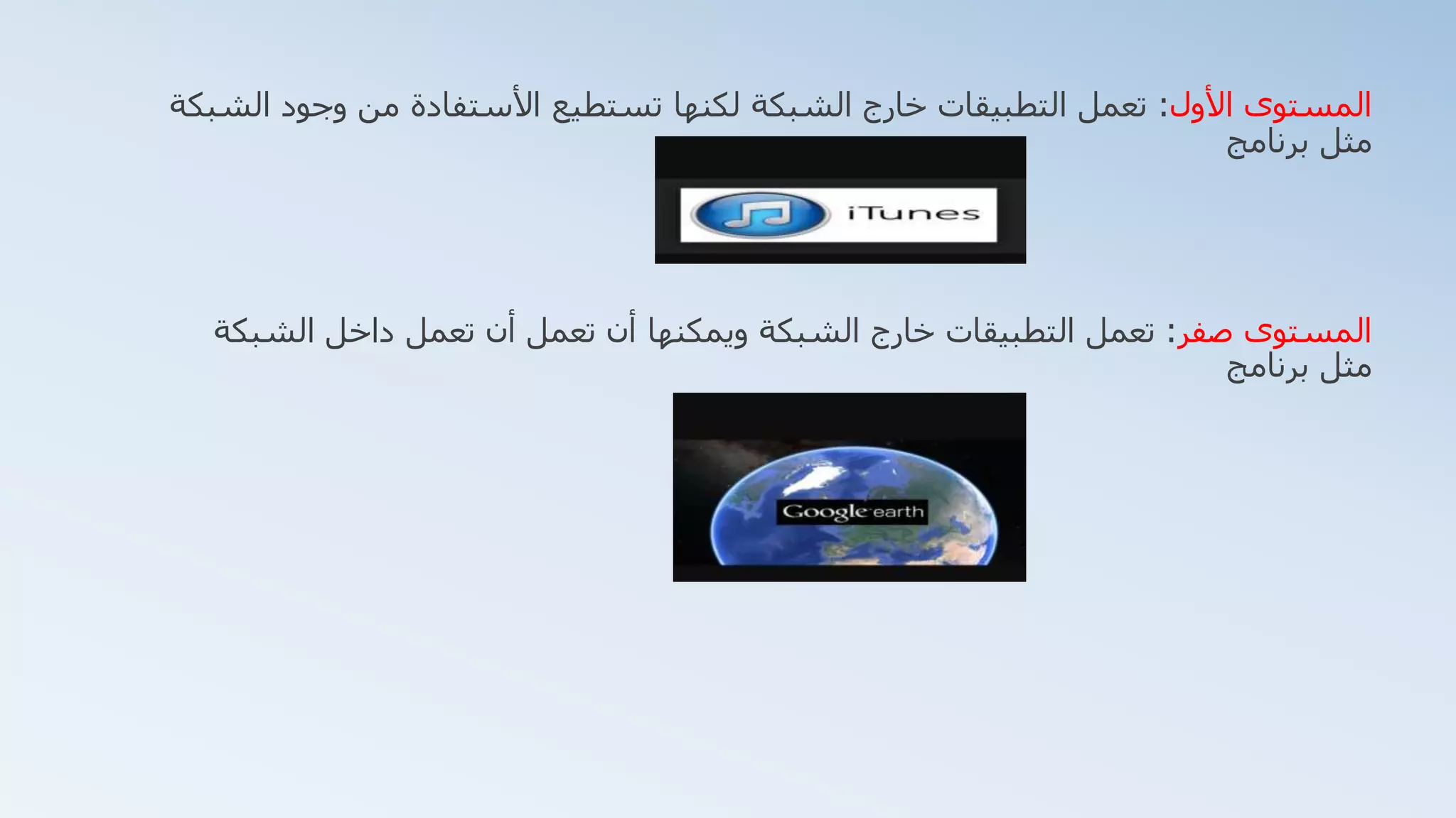 ‫األول‬ ‫المستوى‬:‫تستطيع‬ ‫لكنها‬ ‫الشبكة‬ ‫خارج‬ ‫التطبيقات‬ ‫تعمل‬‫األستفادة‬‫الشبكة‬ ‫وجود‬ ‫من‬
‫مثل‬‫برنامج‬
‫المستوى‬‫صفر‬:‫الشبكة‬ ‫داخل‬ ‫تعمل‬ ‫أن‬ ‫تعمل‬ ‫أن‬ ‫ويمكنها‬ ‫الشبكة‬ ‫خارج‬ ‫التطبيقات‬ ‫تعمل‬
‫مثل‬‫برنامج‬
 