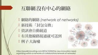 互聯網 沒有中心的網絡﹕
 網絡的網絡 (network of networks)
 新技術 「封包交換」﹕
 資訊會自動繞道
 有其他線路接通就可送到
 例子 大海嘯﹕
https://paul4innovating.com/2016/10/03/the-new-innovation-need-
organizing-within-a-networks-of-collaborators/network-of-networks/
 