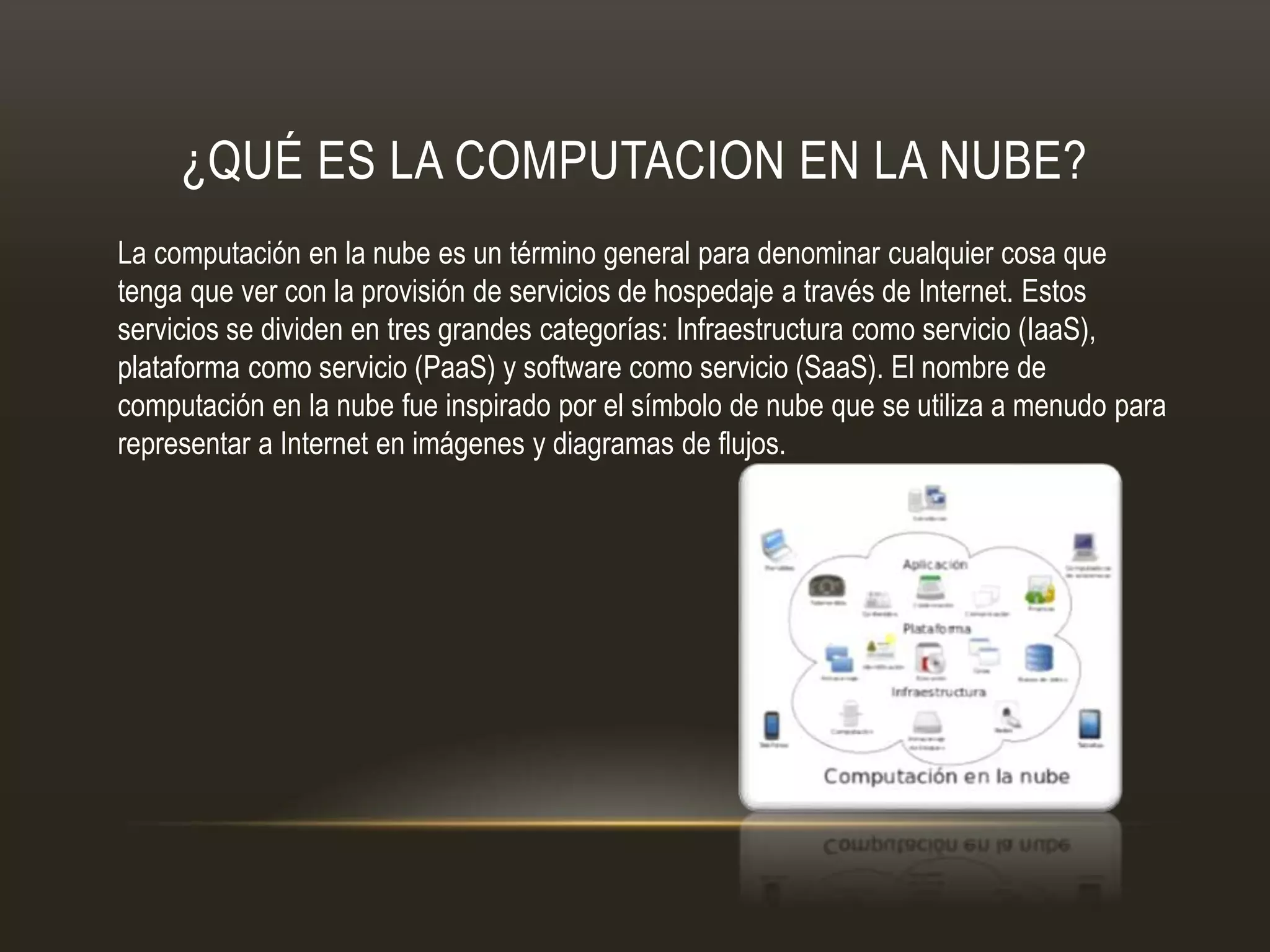 ¿QUÉ ES LA COMPUTACION EN LA NUBE?
La computación en la nube es un término general para denominar cualquier cosa que
tenga que ver con la provisión de servicios de hospedaje a través de Internet. Estos
servicios se dividen en tres grandes categorías: Infraestructura como servicio (IaaS),
plataforma como servicio (PaaS) y software como servicio (SaaS). El nombre de
computación en la nube fue inspirado por el símbolo de nube que se utiliza a menudo para
representar a Internet en imágenes y diagramas de flujos.
 