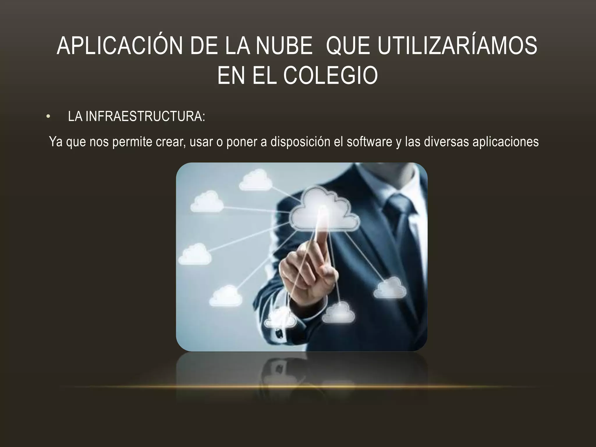 APLICACIÓN DE LA NUBE QUE UTILIZARÍAMOS
EN EL COLEGIO
• LA INFRAESTRUCTURA:
Ya que nos permite crear, usar o poner a disposición el software y las diversas aplicaciones
 