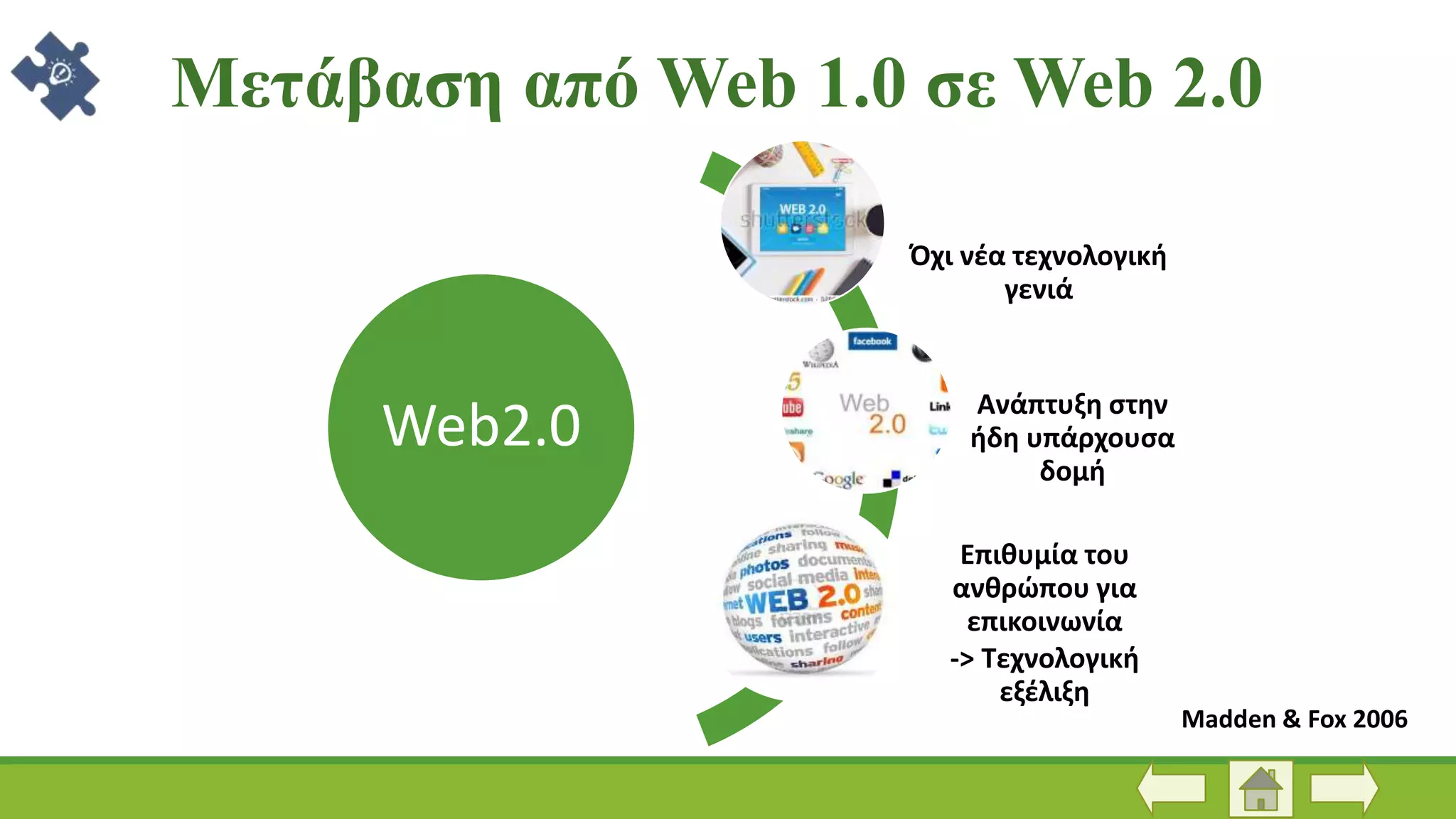 Web2.0
Όχι νέα τεχνολογική
γενιά
Ανάπτυξη στην
ήδη υπάρχουσα
δομή
Επιθυμία του
ανθρώπου για
επικοινωνία
-> Τεχνολογική
εξέλιξη
Madden & Fox 2006
Μετάβαση από Web 1.0 σε Web 2.0
 