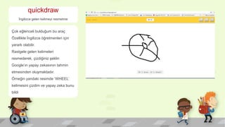 quickdraw
İngilizce gelen kelimeyi resmetme
Çok eğlenceli bulduğum bu araç
Özellikle İngilizce öğretmenleri için
yararlı olabilir.
Rastgele gelen kelimeleri
resmederek, çizdiğiniz şeklin
Google’ın yapay zekasının tahmin
etmesinden oluşmaktadır.
Örneğin yandaki resimde ‘WHEEL’
kelimesini çizdim ve yapay zeka bunu
bildi
 