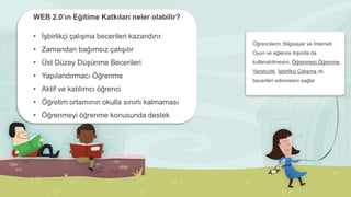 WEB 2.0’ın Eğitime Katkıları neler olabilir?
• İşbirlikçi çalışma becerileri kazandırır.
• Zamandan bağımsız çalışılır
• Üst Düzey Düşünme Becerileri
• Yapılandırmacı Öğrenme
• Aktif ve katılımcı öğrenci
• Öğretim ortamının okulla sınırlı kalmaması
• Öğrenmeyi öğrenme konusunda destek
Öğrencilerin, Bilgisayar ve İnterneti
Oyun ve eğlence dışında da
kullanabilmesini, Öğrenmeyi Öğrenme,
Yaratıcılık, İşbirlikçi Çalışma vb.
becerileri edinmesini sağlar
 