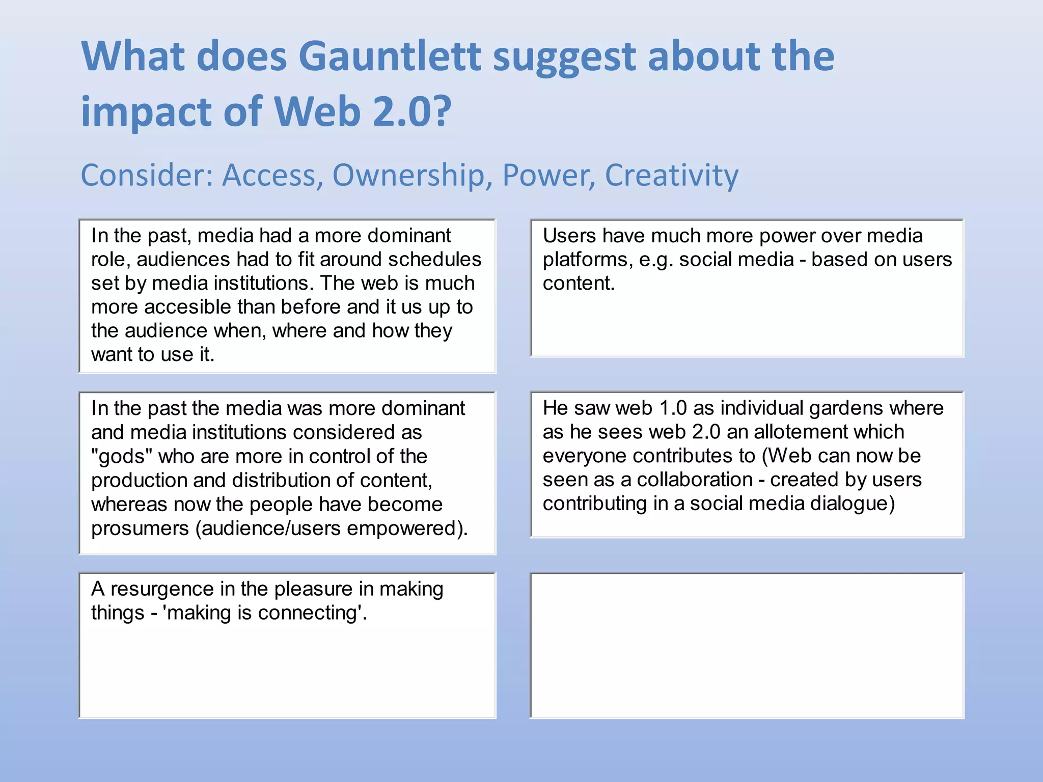 What does Gauntlett suggest about the
impact of Web 2.0?
Consider: Access, Ownership, Power, Creativity
In the past, media had a more dominant
role, audiences had to fit around schedules
set by media institutions. The web is much
more accesible than before and it us up to
the audience when, where and how they
want to use it.
He saw web 1.0 as individual gardens where
as he sees web 2.0 an allotement which
everyone contributes to (Web can now be
seen as a collaboration - created by users
contributing in a social media dialogue)
In the past the media was more dominant
and media institutions considered as
"gods" who are more in control of the
production and distribution of content,
whereas now the people have become
prosumers (audience/users empowered).
Users have much more power over media
platforms, e.g. social media - based on users
content.
A resurgence in the pleasure in making
things - 'making is connecting'.
 