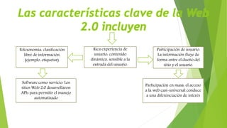 Las características clave de la Web
2.0 incluyen
Folcsonomía: clasificación
libre de información.
(ejemplo: etiquetar).
Rica experiencia de
usuario: contenido
dinámico, sensible a la
entrada del usuario.
Participación de usuario:
La información fluye de
forma entre el dueño del
sitio y el usuario.
Software como servicio: Los
sitios Web 2.0 desarrollaron
APIs para permitir el manejo
automatizado
Participación en masa: el acceso
a la web casi-universal conduce
a una diferenciación de interés
 