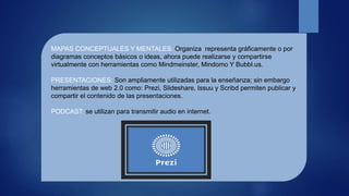 MAPAS CONCEPTUALES Y MENTALES: Organiza representa gráficamente o por
diagramas conceptos básicos o ideas, ahora puede realizarse y compartirse
virtualmente con herramientas como Mindmeinster, Mindomo Y Bubbl.us.
PRESENTACIONES: Son ampliamente utilizadas para la enseñanza; sin embargo
herramientas de web 2.0 como: Prezi, Slideshare, Issuu y Scribd permiten publicar y
compartir el contenido de las presentaciones.
PODCAST: se utilizan para transmitir audio en internet.
 