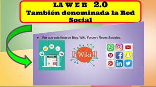 jflores@claretiano.edu.pe - bit.ly/codeteli3 - #Codeteli3
LA W E B 2.0
También denominada la Red
Social
● Por que está llena de Blog, Wiki, Forum y Redes Sociales.
 