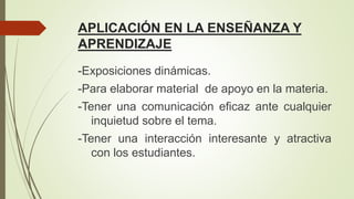 APLICACIÓN EN LA ENSEÑANZA Y
APRENDIZAJE
-Exposiciones dinámicas.
-Para elaborar material de apoyo en la materia.
-Tener una comunicación eficaz ante cualquier
inquietud sobre el tema.
-Tener una interacción interesante y atractiva
con los estudiantes.
 
