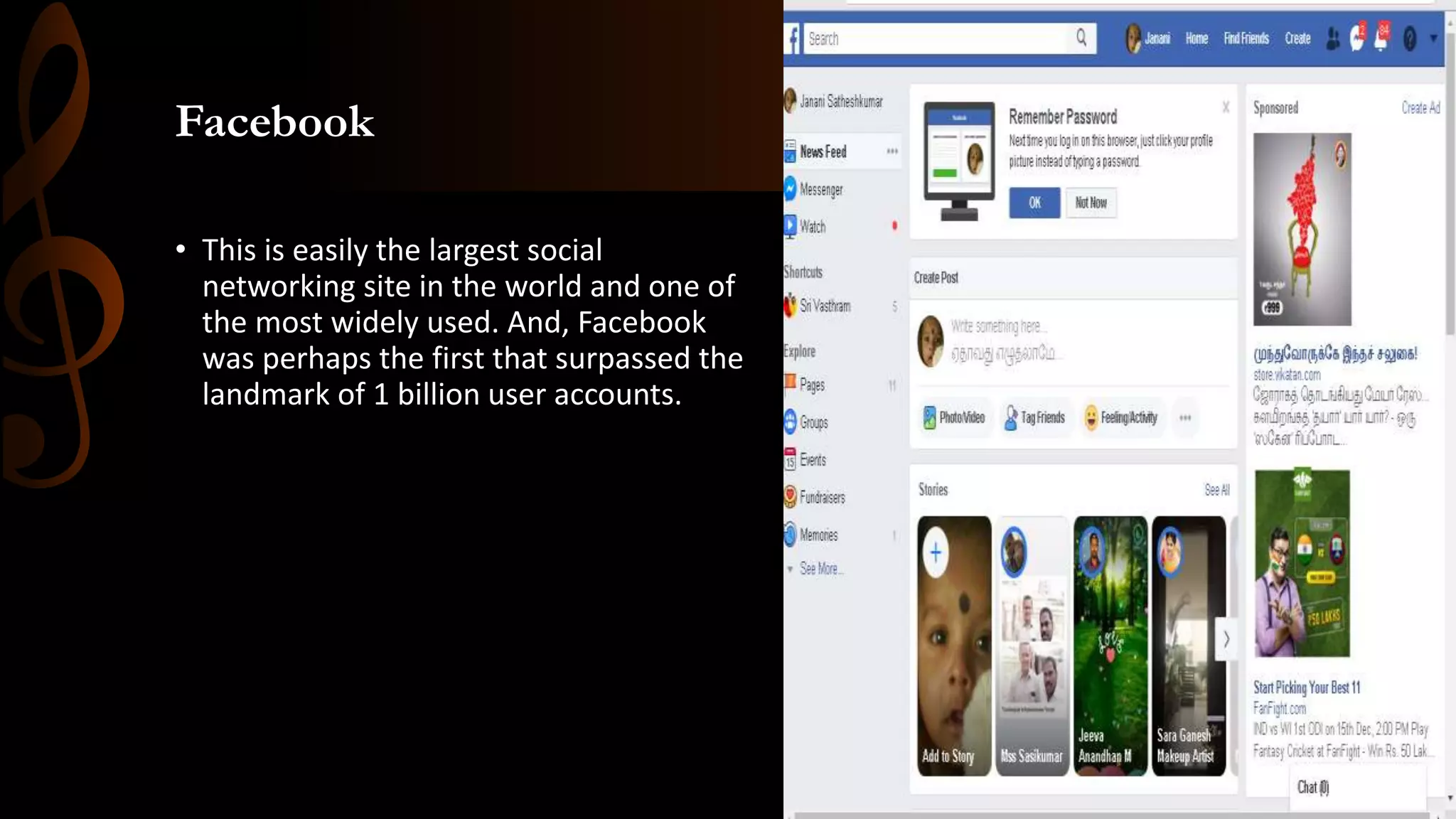 Facebook
• This is easily the largest social
networking site in the world and one of
the most widely used. And, Facebook
was perhaps the first that surpassed the
landmark of 1 billion user accounts.
 