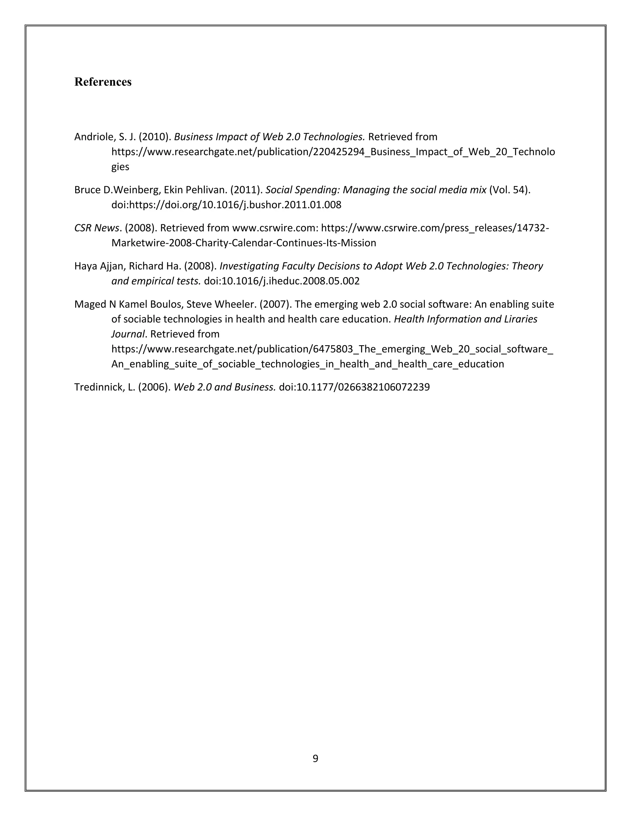 9
References
Andriole, S. J. (2010). Business Impact of Web 2.0 Technologies. Retrieved from
https://www.researchgate.net/publication/220425294_Business_Impact_of_Web_20_Technolo
gies
Bruce D.Weinberg, Ekin Pehlivan. (2011). Social Spending: Managing the social media mix (Vol. 54).
doi:https://doi.org/10.1016/j.bushor.2011.01.008
CSR News. (2008). Retrieved from www.csrwire.com: https://www.csrwire.com/press_releases/14732-
Marketwire-2008-Charity-Calendar-Continues-Its-Mission
Haya Ajjan, Richard Ha. (2008). Investigating Faculty Decisions to Adopt Web 2.0 Technologies: Theory
and empirical tests. doi:10.1016/j.iheduc.2008.05.002
Maged N Kamel Boulos, Steve Wheeler. (2007). The emerging web 2.0 social software: An enabling suite
of sociable technologies in health and health care education. Health Information and Liraries
Journal. Retrieved from
https://www.researchgate.net/publication/6475803_The_emerging_Web_20_social_software_
An_enabling_suite_of_sociable_technologies_in_health_and_health_care_education
Tredinnick, L. (2006). Web 2.0 and Business. doi:10.1177/0266382106072239
 
