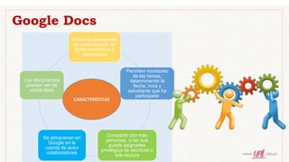 Google Docs
Brinda la oportunidad
de comunicación en
forma sincrónica y
asincrónica
Permiten monitoreo
de las tareas,
determinando la
fecha, hora y
estudiante que ha
participado
Compartir con más
personas, a las que
puede asignarles
privilegios de escritura o
sólo lectura
Se almacenan en
Google en la
cuenta de autor
colaboradores
Los documentos
pueden ser de
varios tipos
CARACTERÍSTICAS
 