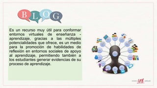 Es un recurso muy útil para conformar
entornos virtuales de enseñanza -
aprendizaje, gracias a las múltiples
potencialidades que ofrece, es un medio
para la promoción de habilidades de
reflexión en entornos sociales de apoyo
al aprendizaje, permitiendo también a
los estudiantes generar evidencias de su
proceso de aprendizaje.
 