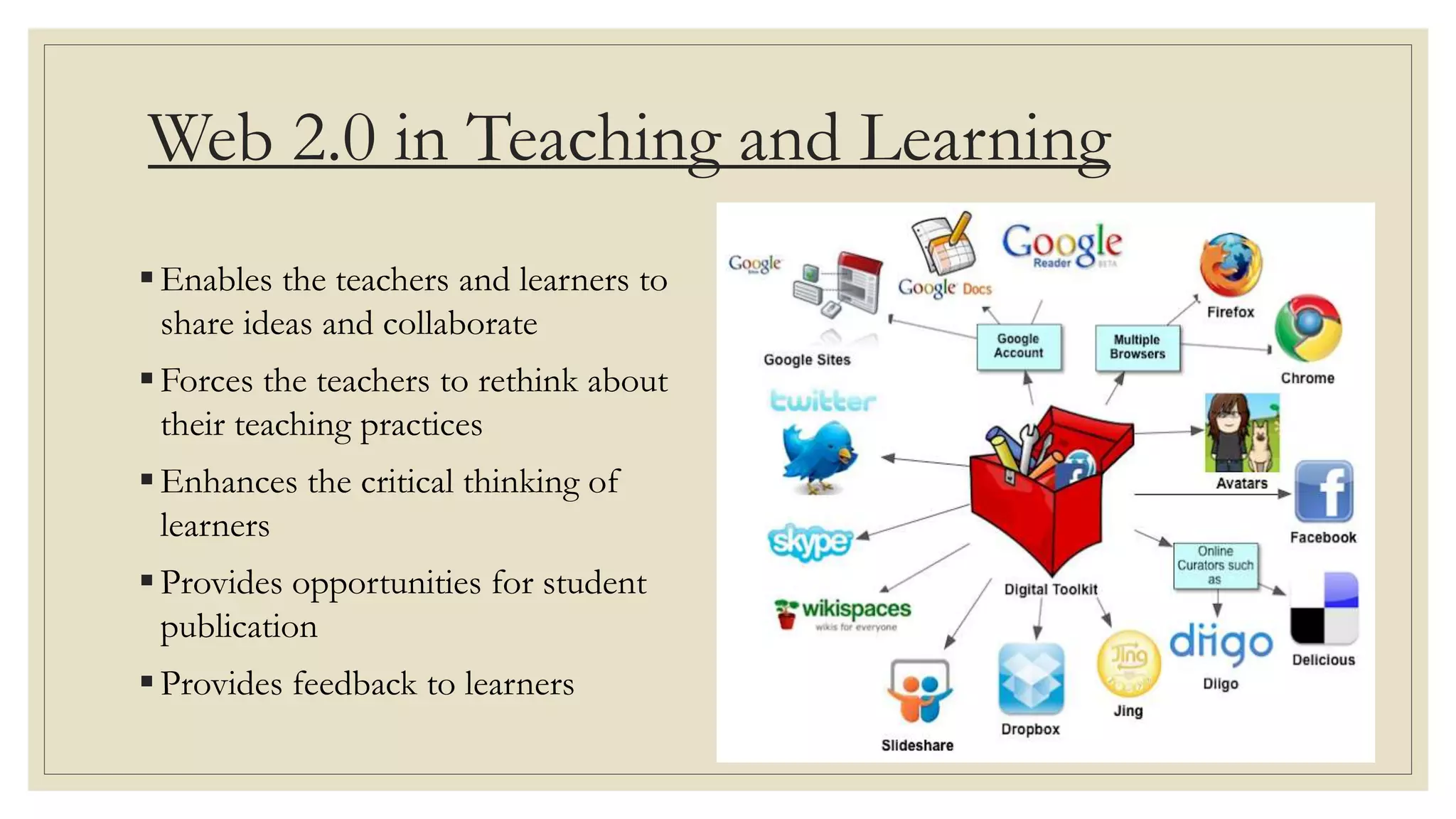 Web 2.0 in Teaching and Learning
Enables the teachers and learners to
share ideas and collaborate
Forces the teachers to rethink about
their teaching practices
Enhances the critical thinking of
learners
Provides opportunities for student
publication
Provides feedback to learners
 