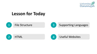 Lesson for Today
File Structure
HTML
Supporting Languages
Useful Websites
1
2
3
4
 