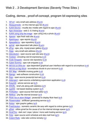 Web 2 . .3 Development Services (Seventy Three Sites )

Coding, demos , proof-of-concept, program bit expressing sites

1. 301url : very small web address (#,a-b)
2. Abaqueinside : on the internet ajax list (#,a-b)
3. AJAX Devmo : mozilla dev middle with regard to ajax (#,a-b)
4. Ajax showcase : web 2. 0.3 listing (#,a-b)
5. AJAX using only the image : ajax using only a photo (#,a-b)
6. Ajaxian : ajax fresh web site (#,a-b)
7. AjaxImpact : ajax reports (#,a-b)
8. Ajaxpatterns : ajax repository (#,a-b)
9. ajchat : ajax dependent talk place (#,a-b)
10. aPop : ajax, php, mysql power gallery (#,a-b)
11. Ataja : very small web address (#,a-b)
12. b2evolution : open source web site serp (#,a-b)
13. Codase : encoding rule bit expressing (c-d)
14. Code Snippets : source rule repository (c-d)
15. Cyber Dummy : ajax rule snippets (c-d)
16. del.icio.us direc.tor : ajax dependent graphical user interface with regard to scrumptious (c-d)
17. del.icio.us tag cloud : scrumptious clouds to your account (c-d)
18. DIY Map : clickable cruising guide (c-d)
19. Django : web software construction (c-d)
20. Dojo : open source javascript tool set (c-d)
21. dotproject : open-source undertaking supervision application (c-d)
22. EasyUtil : advice service api (e-f)
23. ElfURL : brief urls along with statistics (e-f)
24. eyeOS : net based desktop system (e-f)
25. FCKeditor : open-source html text editor (e-f)
26. fileNice : php file internet browser (e-f)
27. Flickr rss or atom Widget : javascript to display flickr feed (e-f)
28. Flowermaker : art/flower generating service (e-f)
29. footoo : ajax graphic gallery (e-f)
30. FreeVolution : isometric ceramic tile serp with regard to online games (e-f)
31. gDisk : utilize gmail be the cause of on the internet storage space (g-h)
32. GrokThis : dark red / zope / plone / mono web hosting service (g-h)
33. Hula : open source work schedule and also mail host (g-h)
34. Instant Rails : side rails runtime remedy (i-j)
 