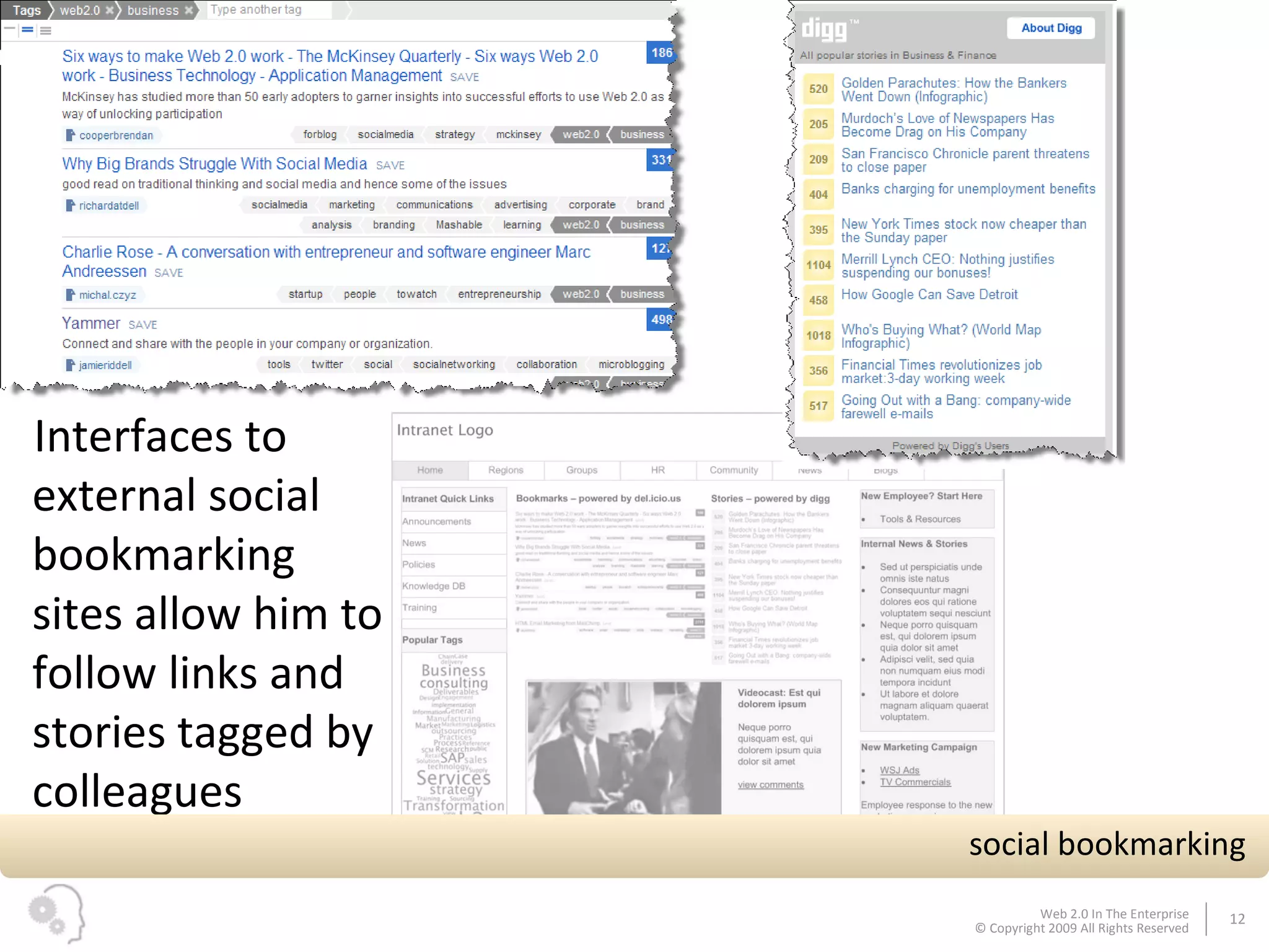 Interfaces to external social bookmarking sites allow him to follow links and stories tagged by colleagues social bookmarking 
