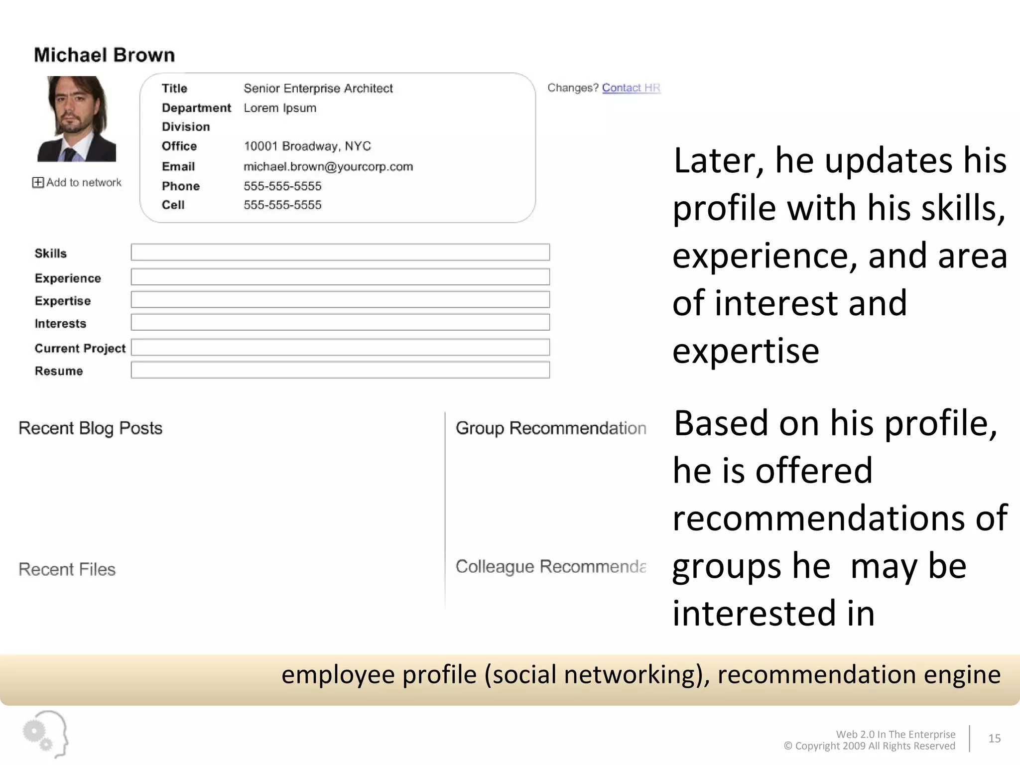 Later, he updates his profile with his skills, experience, and area of interest and expertise Based on his profile, he is offered recommendations of groups he  may be interested in employee profile (social networking), recommendation engine 