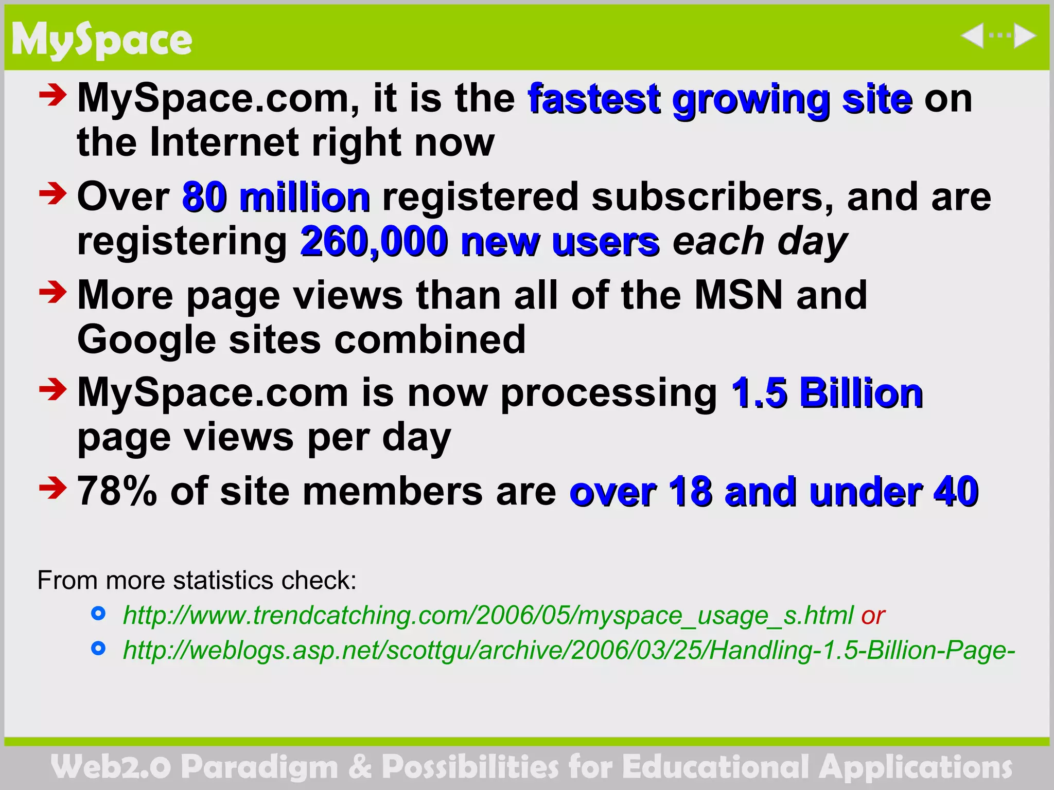 MySpace MySpace.com, it is the  fastest growing site  on the Internet right now  Over  80 million  registered subscribers, and are registering  260,000 new users   each day   More page views than all of the MSN and Google sites combined  MySpace.com is now processing  1.5 Billion  page views per day   78% of site members are  over 18 and under 40   From more statistics check:  http://www.trendcatching.com/2006/05/myspace_usage_s.html  or  http://weblogs.asp.net/scottgu/archive/2006/03/25/Handling-1.5-Billion-Page-Views-Per-Day-Using-ASP.NET-2.0.aspx 