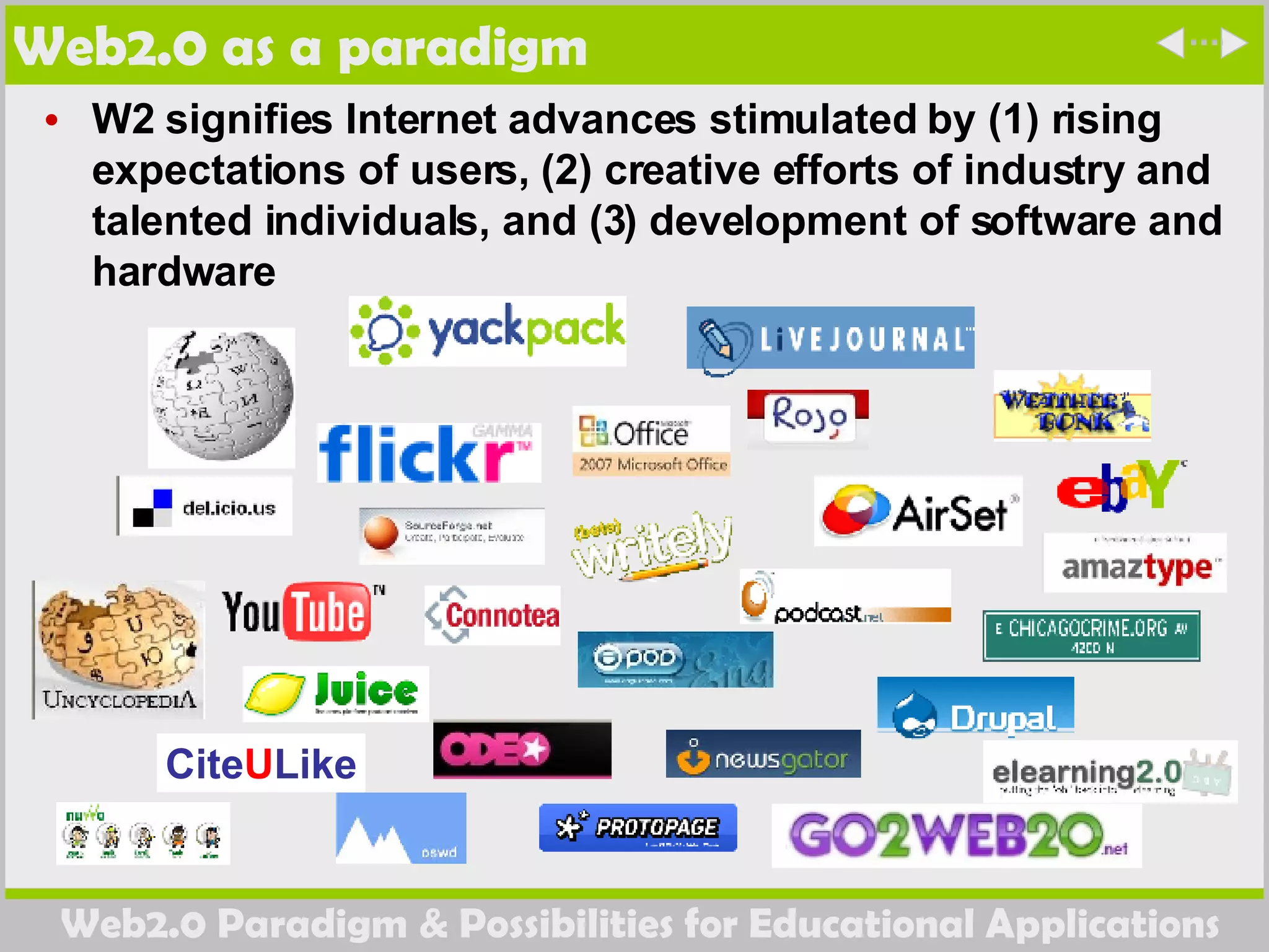 Web2.0 as a paradigm W2 signifies Internet advances stimulated by (1) rising expectations of users, (2) creative efforts of industry and talented individuals, and (3) development of software and hardware 