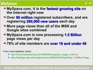 MySpace MySpace.com, it is the  fastest growing site  on the Internet right now  Over  80 million  registered subscribers, and are registering  260,000 new users   each day   More page views than all of the MSN and Google sites combined  MySpace.com is now processing  1.5 Billion  page views per day   78% of site members are  over 18 and under 40   From more statistics check:  http://www.trendcatching.com/2006/05/myspace_usage_s.html  or  http://weblogs.asp.net/scottgu/archive/2006/03/25/Handling-1.5-Billion-Page-Views-Per-Day-Using-ASP.NET-2.0.aspx 