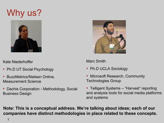 Why us? Kate Niederhoffer Ph.D UT Social Psychology BuzzMetrics/Nielsen Online, Measurement Science Dachis Corporation - Methodology, Social Business Design  Marc Smith Ph.D UCLA Sociology Microsoft Research, Community Technologies Group Telligent Systems – “Harvest” reporting and analysis tools for social media platforms and systems Note: This is a conceptual address. We’re talking about ideas; each of our companies have distinct methodologies in place related to these concepts.  