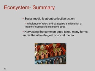 Ecosystem- Summary Social media is about collective action. A balance of roles and strategies is critical for a healthy/ successful collective good. Harvesting the common good takes many forms, and is the ultimate goal of social media. 
