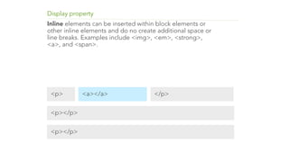 Display property 
Inline elements can be inserted within block elements or 
other inline elements and do no create additional space or 
line breaks. Examples include <img>, <em>, <strong>, 
<a>, and <span>. 
<p> 
<p></p> 
<p></p> 
<a></a> </p> 
 