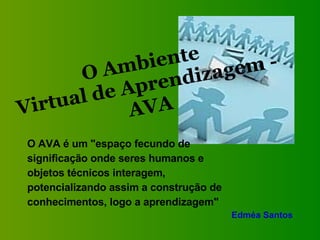 O Ambiente  Virtual de Aprendizagem - AVA O AVA é um "espaço fecundo de significação onde seres humanos e objetos técnicos interagem, potencializando assim a construção de conhecimentos, logo a aprendizagem" Edméa Santos 