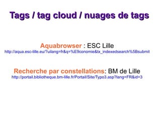 Tags / tag cloud / nuages de tags  Aquabrowser  : ESC Lille http://aqua.esc-lille.eu/?uilang=fr&q=%E9conomie&tx_indexedsearch%5Bsubmit_button%5D.x=0&tx_indexedsearch%5Bsubmit_button%5D.y=0 Recherche par constellations : BM de Lille http://portail.bibliotheque.bm-lille.fr/Portail/Site/Typo3.asp?lang=FR&id=3 