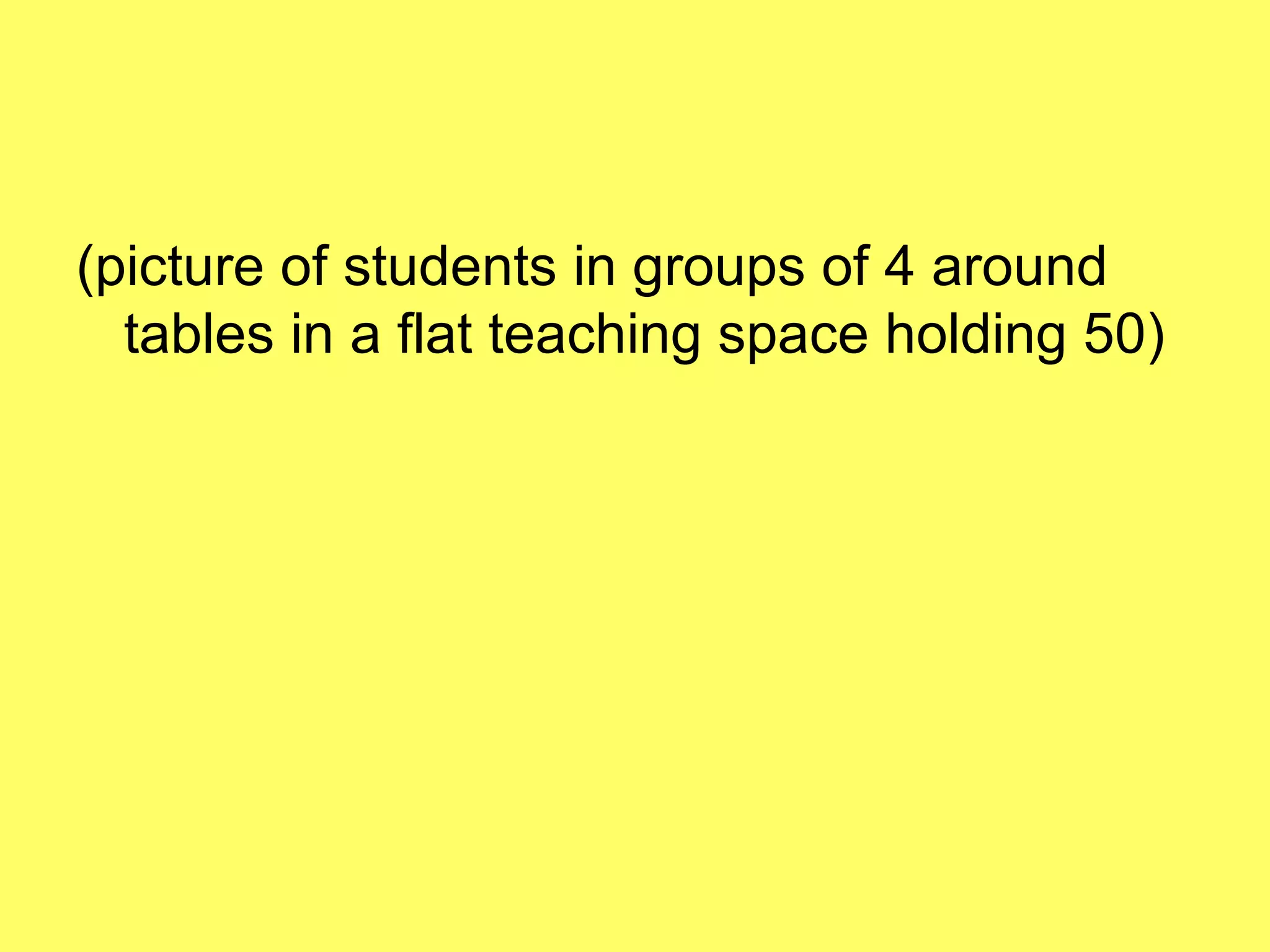 (picture of students in groups of 4 around tables in a flat teaching space holding 50) 