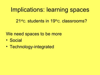 Implications: learning spaces 21 st C.  students in 19 th C.  classrooms? We need spaces to be more Social Technology-integrated 