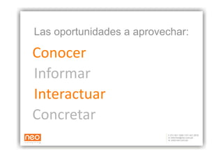 Las oportunidades a aprovechar:

Conocer 
Informar 
Interactuar 
Concretar 
 