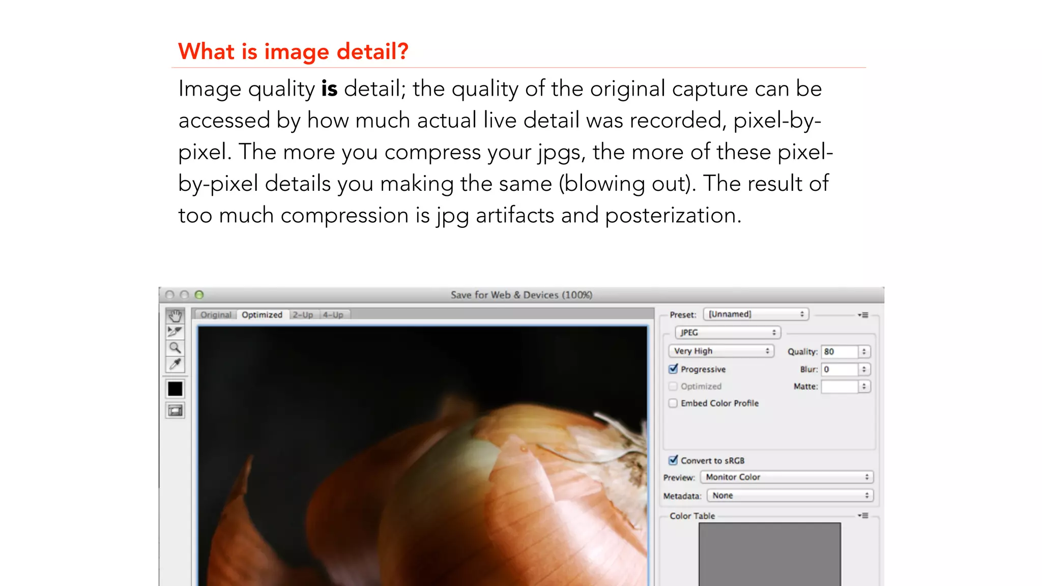What is image detail? 
Image quality is detail; the quality of the original capture can be 
accessed by how much actual live detail was recorded, pixel-by-pixel. 
The more you compress your jpgs, the more of these pixel-by- 
pixel details you making the same (blowing out). The result of 
too much compression is jpg artifacts and posterization. 
 